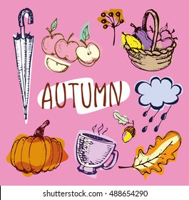 Autumn Hand-drawn doodle set. Vector set of different hand drawn autumn elements. Vector illustration.