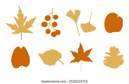 Autumn hand-drawn nature elements. Fall season set. Leaves, pine cone, apple. Flat bold seasonal collection isolated on white