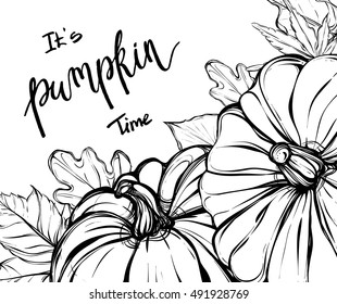 Autumn,  handmade, card for you, vector,leaves,pumpkins,Coloring book page design for kids and adults