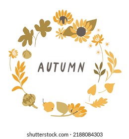 Autumn handwritten lettering decorated with sunflowers, fallen tree leaves, acorns, berries. Seasonal composition isolated on white background. Vector illustration.