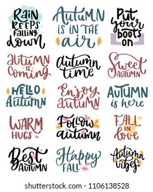 Autumn handwritten lettering inscription positive quote, calligraphy vector illustration. Text sign design for poster, greeting card, print, cool badge