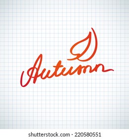 autumn, handwritten text with stylized leaf shape on checked paper