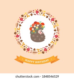 Autumn Happy Birthday card. Cute birthday illustration with little hedgehog, autumn wreath and yellow ribbon. Vector 8 EPS.