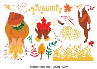 Autumn. Happy boy have in the hand maple leaf. Fall. Set girl, boy, dog, leaves, tree, sun, plant, maple, oak on white background. Vector illustration.