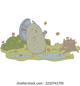 In autumn, a hare stomps through puddles