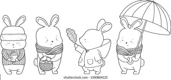 Autumn hares and bunnies with warm scarf, coat, leaf outline contour. Cute digital stamp and coloring page line art for children and kids in vector format
