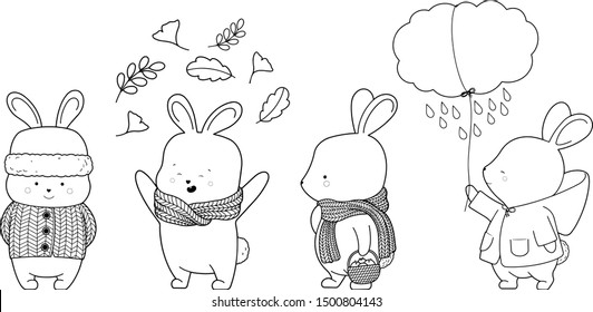 Autumn hares and bunnies with warm scarf, coat, leaf outline contour. Cute digital stamp and coloring page line art for children and kids in vector format