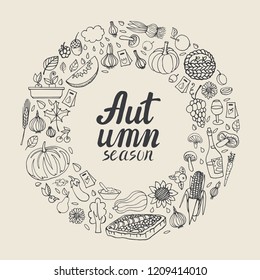Autumn Harves ,garden,farm food in circle wreath.Vector hand drawing natural,vegetable,healty ecology composition,lettering.Fall season.Shop garden, farm, organic Illustration.Vintage  