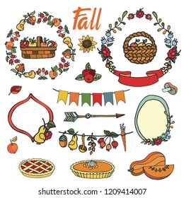 Autumn Harves ,garden,farm food elements,composition.Vector hand drawing natural,vegetable,healty ecology composition,food,pie,pumkin,lettering.Full garden, farm, organic Illustration.Vintage  
