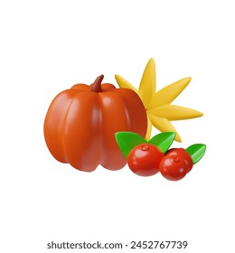 Autumn harvest 3D icon. Vector illustration showcasing a ripe pumpkin, yellow leaves, and red berries isolated on white background.