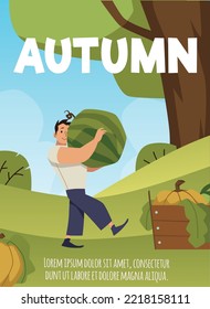 Autumn harvest and agricultural works banner or card mockup with harvesting farmer, flat cartoon vector illustration. Autumn farmers products banner.