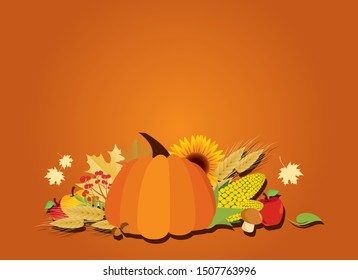 Autumn harvest background vector. Autumn frame with vegetables vector. Autumn still life with pumpkin illustration. Beautiful autumn decoration with pumpkin. Harvest border