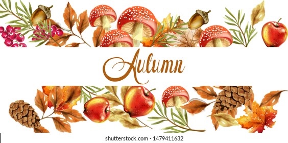 Autumn harvest banner Vector. Fall muchrooms and fruits decor poster