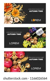 Autumn harvest banners set Vector realistic. Pumpkin, corn, grapes, wine, walnuts. Detailed 3d design dark background