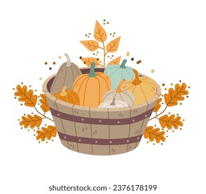 autumn harvest basket with different pumpkins happy thanksgiving holiday festival celebration concept