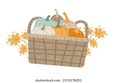 cesta de cosecha de otoño con diferentes calabazas feliz de agradecimiento festivo concepto de celebración