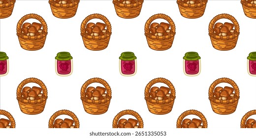 Autumn Harvest Basket Pattern. Seamless pattern with cartoon mushroom baskets and jars of berry jam. Cozy flat style with warm autumn tones on a light background.
