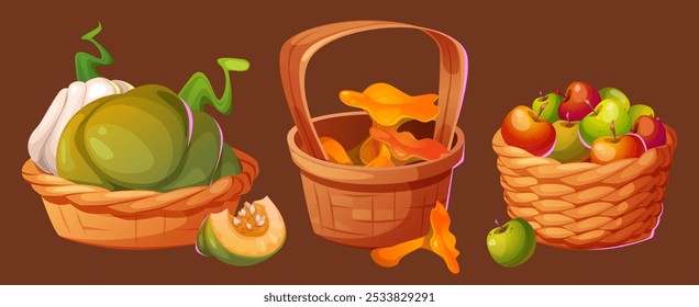 Cestas de colheita de outono colocadas isoladas sobre fundo marrom. Ilustração em desenho animado vetorial de caixas de vime com abóboras, cogumelos e maçãs, frutas e legumes da época de outono, festival de agricultura orgânica