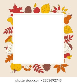 Autumn harvest card, fall festival poster or thanksgiving background with leaves, pumpkin, berries, fruits, mushrooms and cones. Color vector illustration