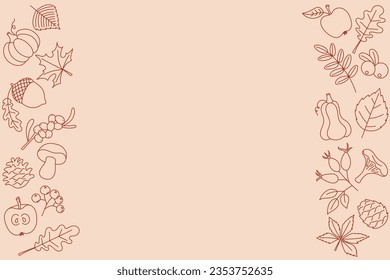Autumn harvest card, fall festival poster or thanksgiving background with leaves, pumpkin, berries, fruits, mushrooms and cones. Doodle vector illustration