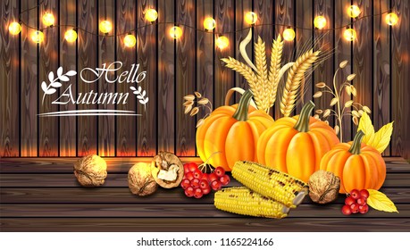 Autumn harvest card Vector realistic with Pumpkin, corn, walnuts. Detailed 3d design. Wooden background with lights illustration