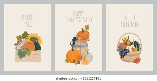 Autumn harvest cards with pumpkins, fruits, and vegetables in farm basket, wooden barrel, crate. Fall and Thanksgiving day arrangements for postcard, invitations, poster, stickers. Vector illustration