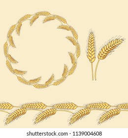 autumn harvest of cereals, rye, ear of wheat, set, isolated elements