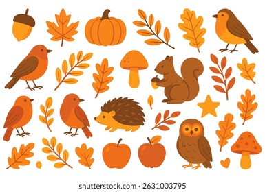 Autumn harvest collection of fall season decorative design elements with cute forest animals and plants
