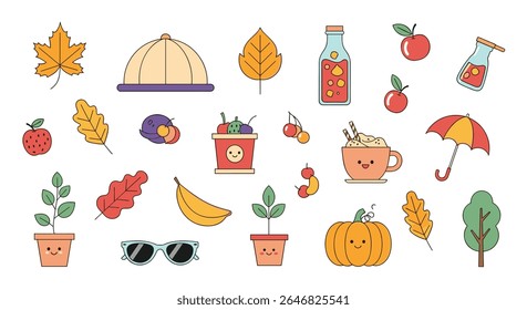 Autumn Harvest Collection Featuring Warm Drinks Fall Leaves Cozy Objects And Seasonal Fruits And Vegetables
