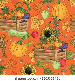 Autumn harvest colorful seamless pattern with vegetables and fruits collected by farmers in wooden boxes vector illustration