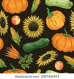 Modelo inconsútil colorido de la cosecha del otoño con el calabacín y las frutas de calabaza o el calabacín con el maíz y la Ilustración vectorial de las flores del girasol