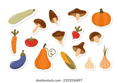 Autumn Harvest Colorful Sticker Collection. Cute Cartoon Vegetables and Mushrooms. Harvest and Fall Sticky Design Elements Set.