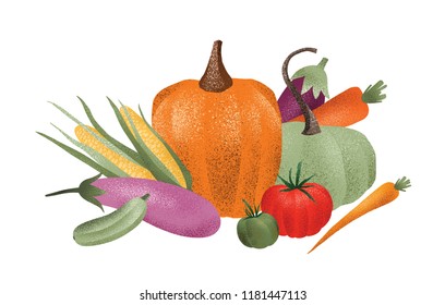 Autumn harvest composition. Ripe delicious vegetables isolated on white background. Gathered or collected crops. Natural healthy food. Colorful elegant seasonal vector illustration in modern style.