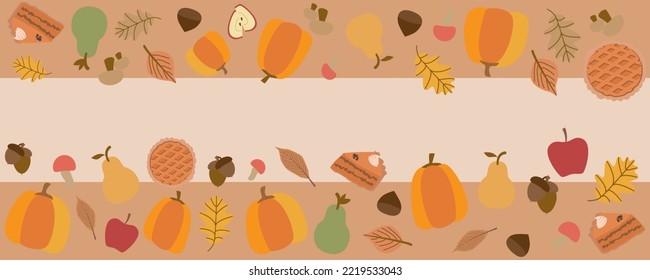 Autumn harvest concept graphic. Autumn vegetables and food, pumpkins, pears, apples, pumpkin cake, mushrooms. acorns, pies decoration background. Thanksgiving day illustration Vector.