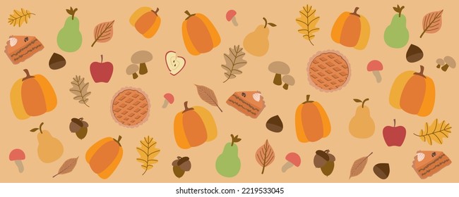 Autumn harvest concept graphic. Autumn vegetables and food, pumpkins, pears, apples, pumpkin cake, mushrooms. acorns, pies decoration background. Thanksgiving day illustration Vector.