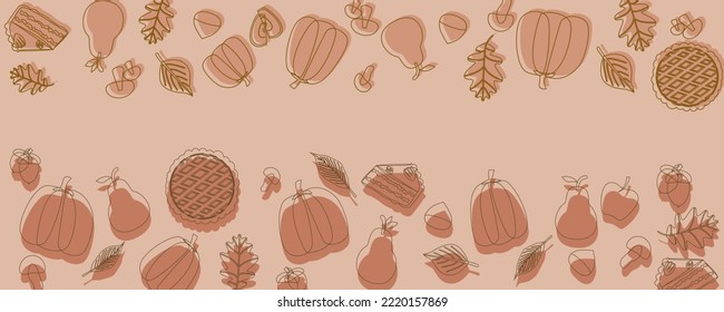 Autumn harvest concept graphic. Autumn vegetables and food, pumpkins, pears, apples, pumpkin cake, mushrooms. acorns, pies decoration background. Thanksgiving day illustration Vector. 