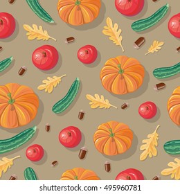 Autumn harvest conceptual vector seamless pattern. Flat design. Ripe pumpkins, zucchini, apples, acorns, oak leaves on yellow-brown background. Vegetable ornament. For wrapping, printings, grocery ad