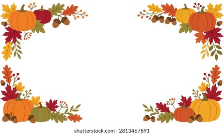 Autumn harvest corner frame. Fall season border with pumpkins and colorful leaves.