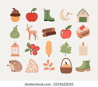 Cosecha de otoño y acogedores iconos de la naturaleza. Este conjunto dibujado a mano presenta Elementos de otoño como frutas, botas, una vela y un ciervo en tonos cálidos. Perfecto para diseños de temporada, invitaciones o decoraciones.