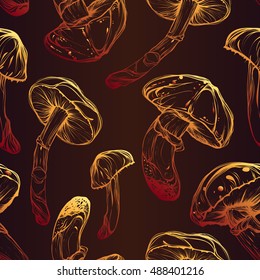 Autumn harvest, edible mushrooms, handmade, vector,seamless pattern,Coloring book page design for kids and adults