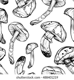 Autumn harvest, edible mushrooms, handmade, vector,Coloring book page design for kids and adults,seamless pattern