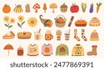 Autumn harvest and fall favorites elements set. Thanksgiving basket and cornucopia. Pumpkin spice latte, cinnamon roll, cozy sweaters and socks. Hand drawn vector illustrations.