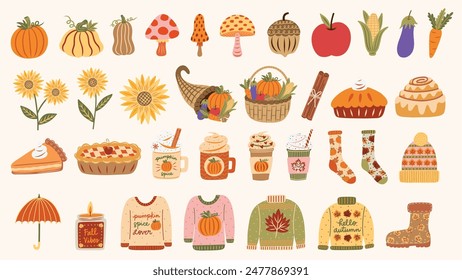 Autumn harvest and fall favorites elements set. Thanksgiving basket and cornucopia. Pumpkin spice latte, cinnamon roll, cozy sweaters and socks. Hand drawn vector illustrations.