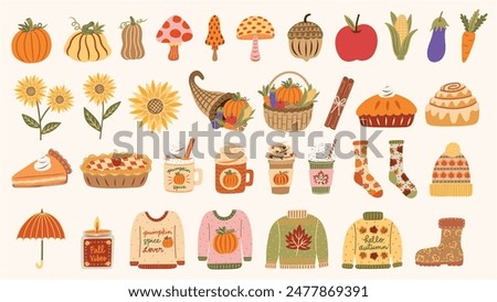 Autumn harvest and fall favorites elements set. Thanksgiving basket and cornucopia. Pumpkin spice latte, cinnamon roll, cozy sweaters and socks. Hand drawn vector illustrations.