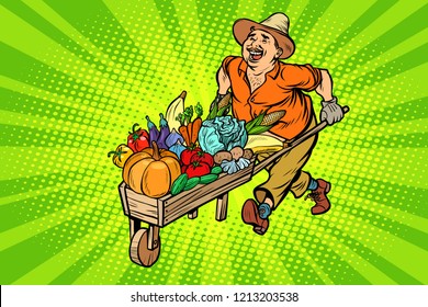 autumn harvest. farmer, man with a wooden wheelbarrow. Comic cartoon pop art retro vector illustration drawing