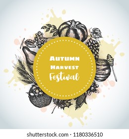 Autumn Harvest Festival Background hand drawn sketch. Farm and garden food vector illustration Thanksgiving day