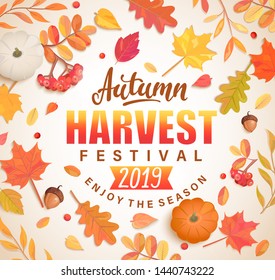 Autumn Harvest Festival banner for fall fest 2019.Background with scattered seasonal fall leaves,rowan,pumpkin, acorns for nice season holiday.Perfect for prints,flyers,invitations.Top view. Vector