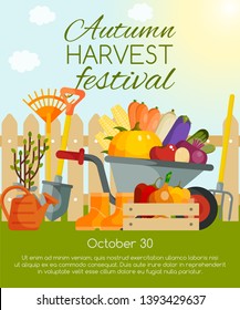 Autumn harvest festival banner, poster vector illustration. Vegetables and tools for gardening such as wheelbarrow, trowel, fork hoe, boots, shovels and spades, lawn mower, watering can.