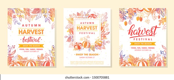 Autumn harvest festival banners with harvest symbols, leaves and floral elements in fall colors.Harvest fest design perfect for prints,flyers,banners,invitations and more.Vector autumn illustration.