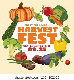 Autumn harvest festival card, banner, postcard. Farmer's market. A set of vegetables. Vector flat illustration